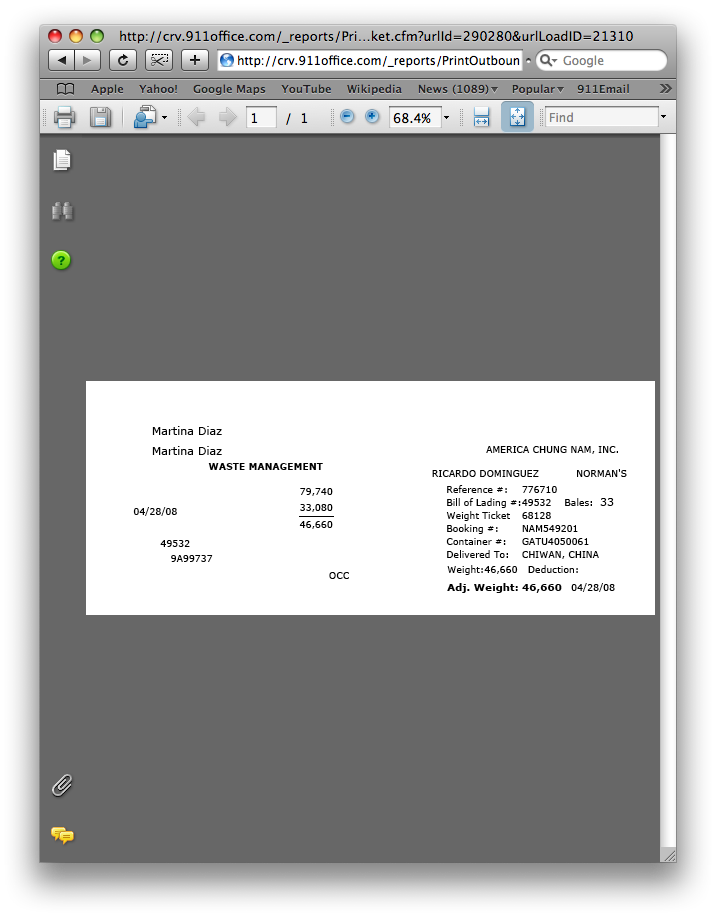 Outbound Exporting Recycling Ticket
